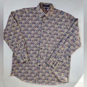 Alan Flusser Mens Cotton Button Down Shirt Size M Beige/Blue Paisley Print